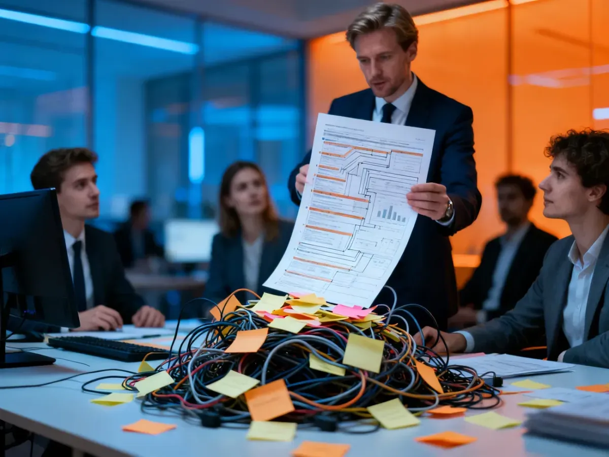 Menedżer projektu omawia z zespołem rozrastającą się dokumentację, symbolizującą ryzyko niekontrolowanego zakresu prac.