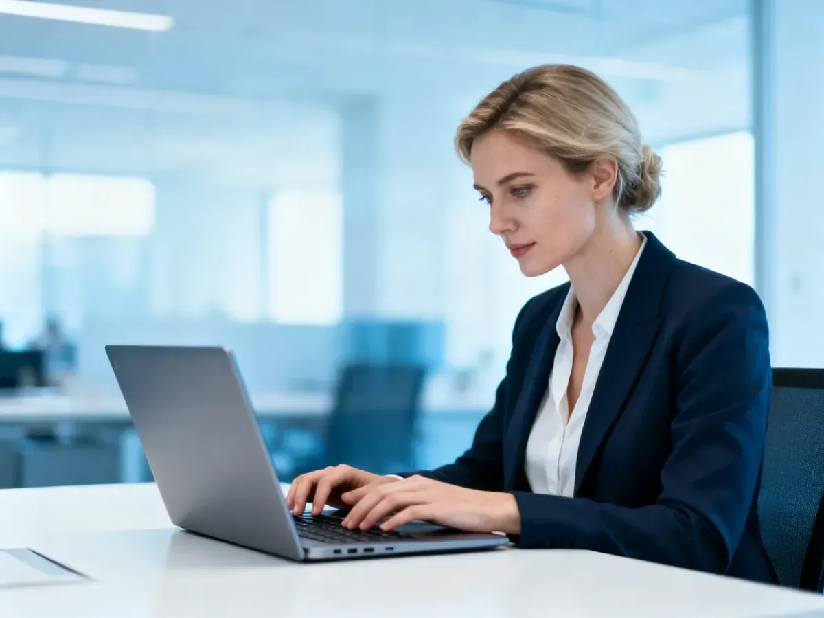 Profesjonalistka pracująca przy laptopie w nowoczesnym biurze, symbolizująca efektywną pracę przed wyjściem na urlop.